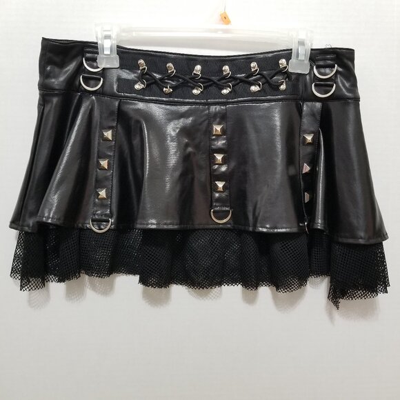 Living Dead Souls skirt XL micro mini goth studded pleather PVC fishnet stretch - Picture 1 of 14